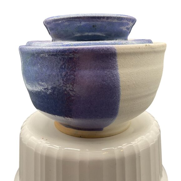 Handmade Ceramic Bowl With Lid - Two-Tone Blue & White Glaze 4.5"H x 5.75"D - Picture 3 of 6